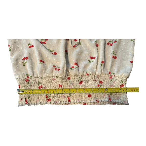 Joie Cherry Print Swiss Dot Peasant Blouse L Sheer Smocked Waist Cottage Flirty - Picture 6 of 16